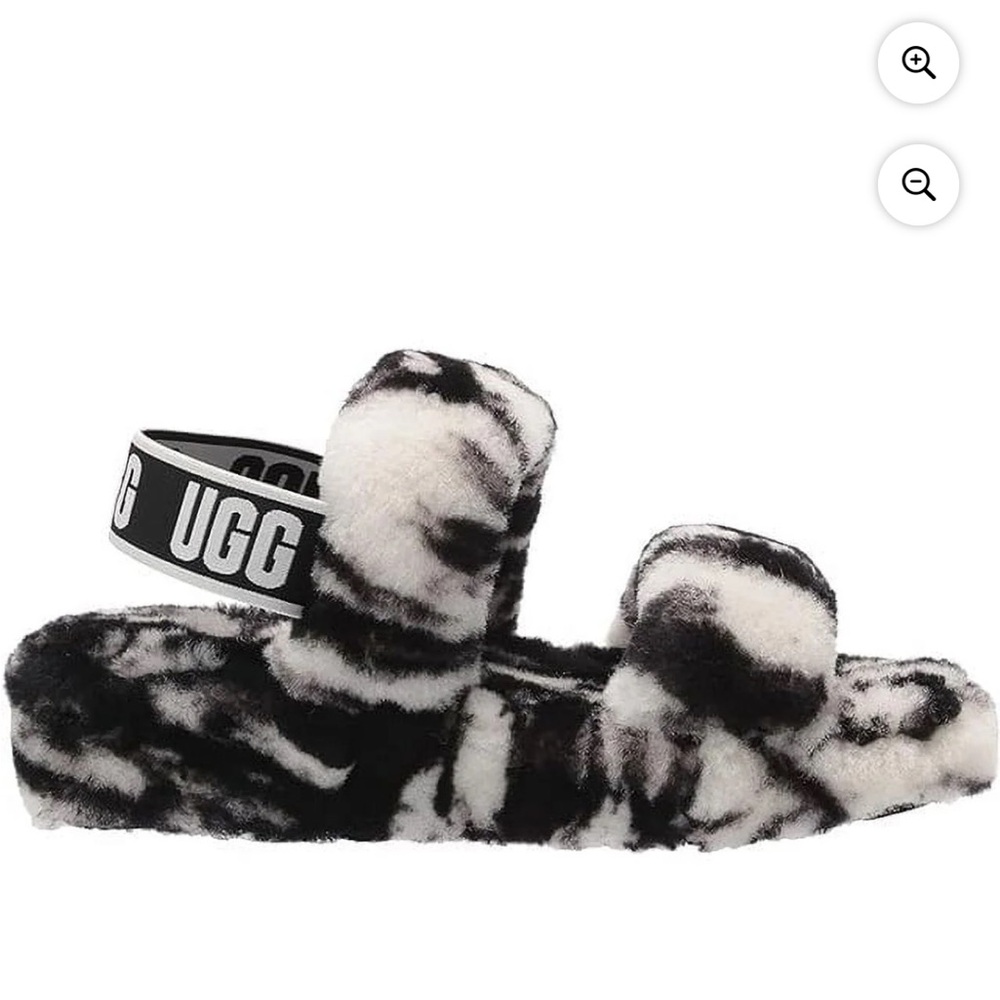 UGG Oh Yeah Women's Sheepskin Furry Slide Sandals Black and White Tie Dye